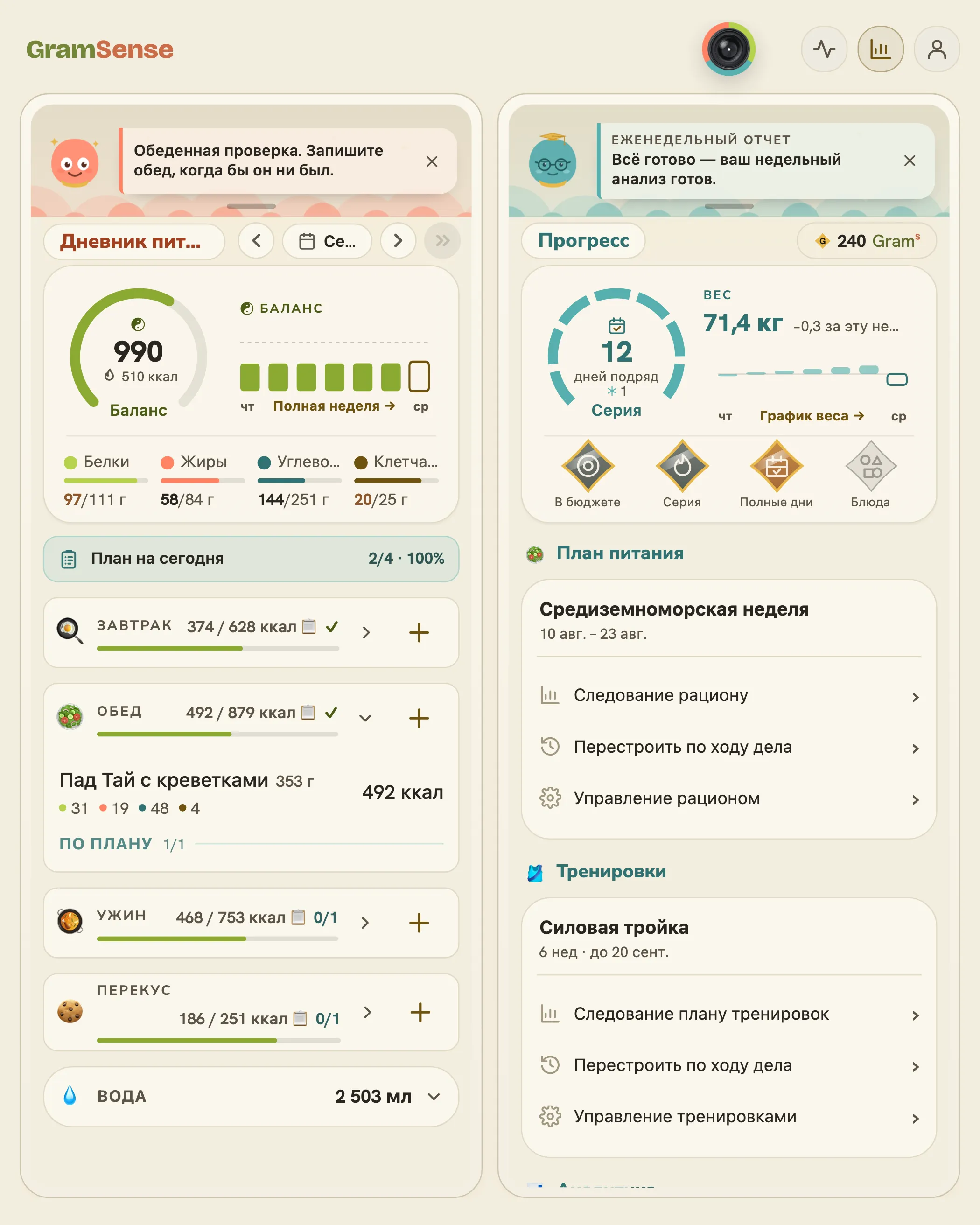 GramSense на планшете: дневник питания и колонка прогресса рядом